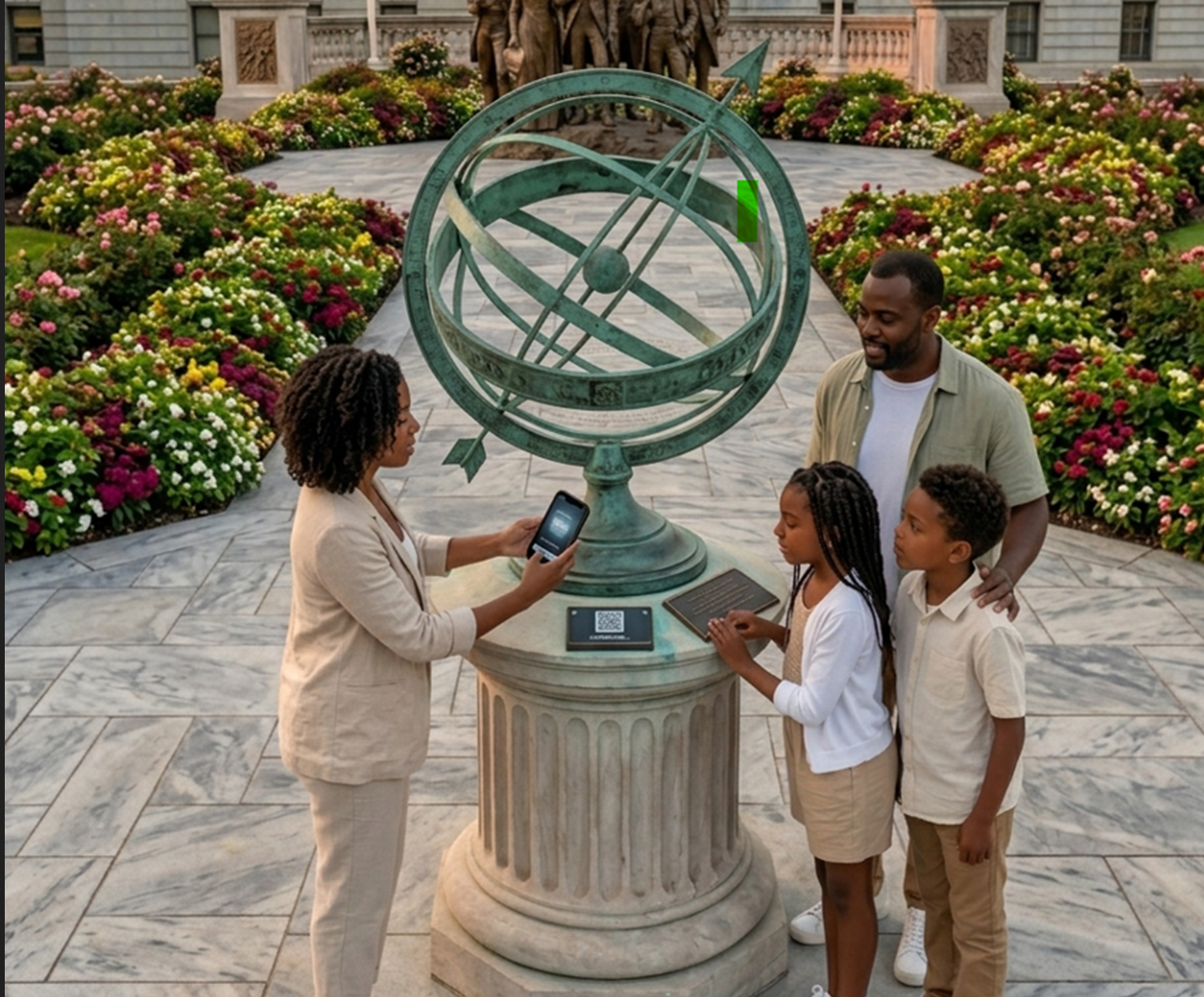 Family using a digital atlas interface attached to an armillary sphere.
